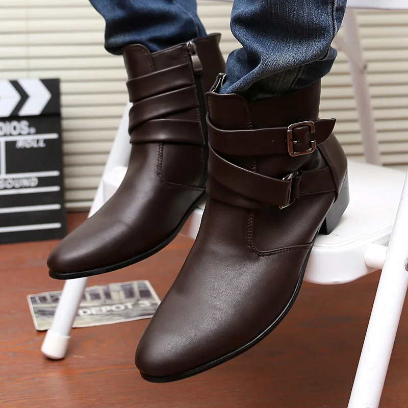 Spring Simple Style Man White Elegant Shoes Big Size 47 High-top Dress Shoes Men Point Toe Leather High Heel Shoes for Men Boots