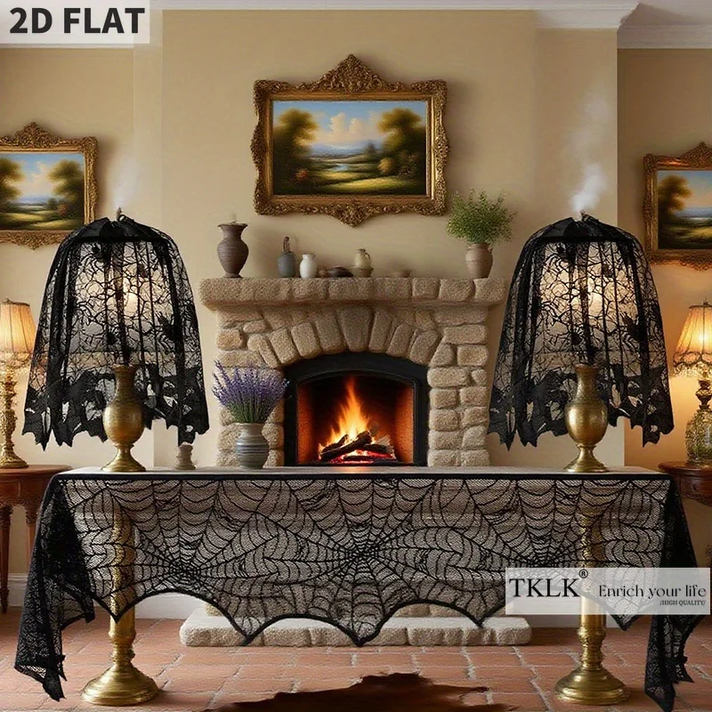 

Halloween fireplace cover with Halloween white mesh spider and bat stickers for Halloween decoration - Suitable for scenarios