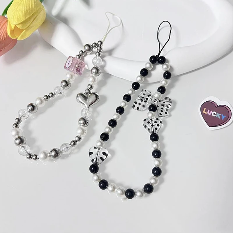 1 Pc Mobile Phone Chain Beaded Lanyard Pendant Cute Girly Heart Dot Bow Love Keychain Bag Decoration Gifts