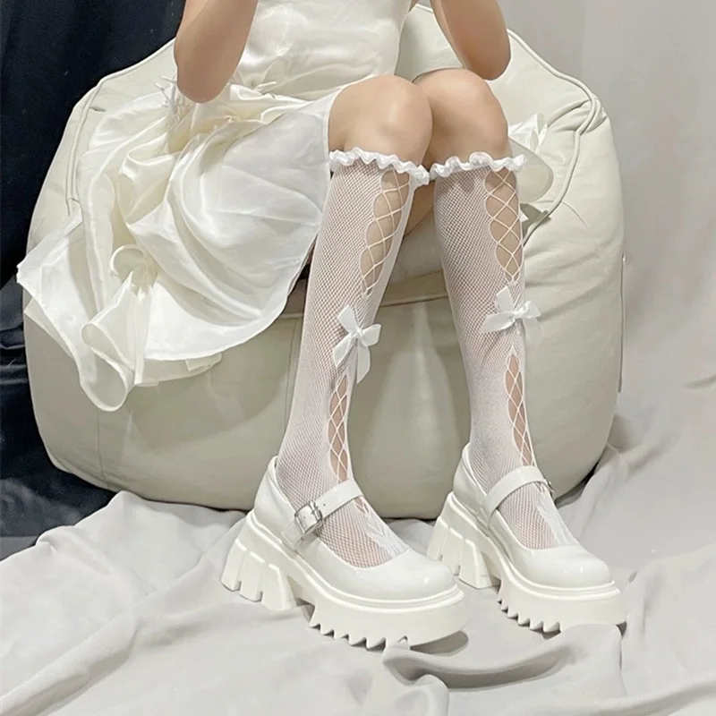 Lolita Girls Bow Hollow Long Socks Sweet Japanese Fishnet Tide Lace Knee High Stockings Silk with Bow Cross Ties JK Thin Socks