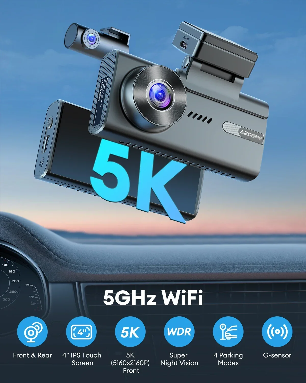2025 AZDOME M580-2CH 5K ด้านหน้าและด้านหลัง 4K Dash CAM GPS ในตัวรถสีดํากล่องสนับสนุน 2.4G และ 5G WiFi Dash CAM