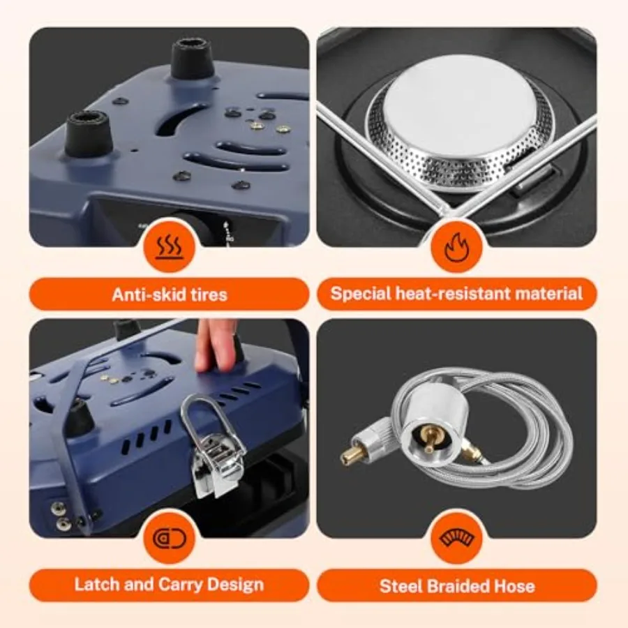 موقد بروبان محمول قابل للتعديل بشعلتين مع وحدة حرارية بريطانية 16000 وحدة حرارية بريطانية وإشعال بيزو للتخييم في الفناء الخلفي للشواء يتضمن مدمجًا