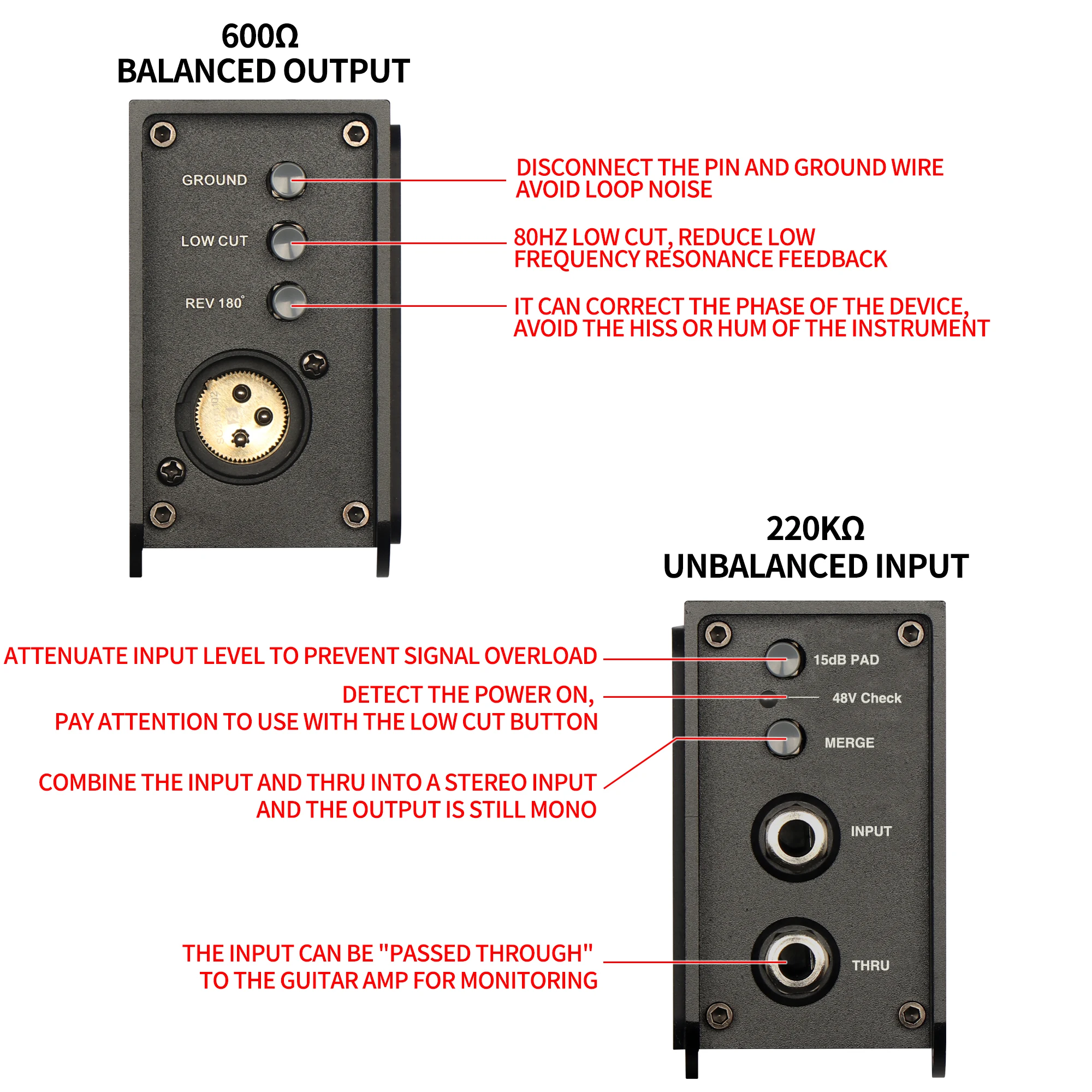 DGNOG DI48 Active Direct Box With 48V Phantom Power -15dB Pad, 180° Polarity Reverse Mix left Right Mono Output DI Direct Box