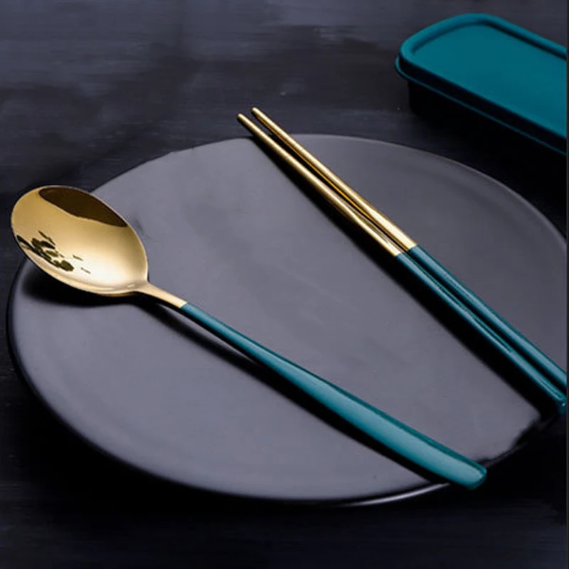 

1 Set Gold Color Stainless Steel Spoons Chopsticks Dinnerware Sets Reusable Travel Portable Tableware Supplies Kitchen Tools