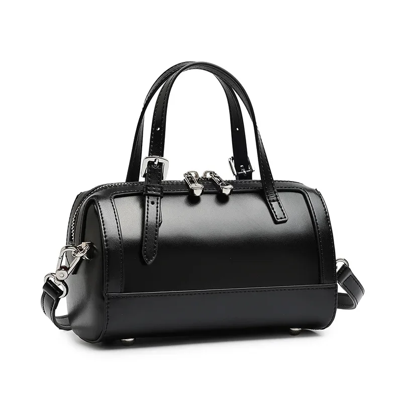 Aidrani Women Genuine Cowhide Cylinder Handbag, Retro Top Handle Satchel, Removable Strap Daily Crossbody Shoulder Purse