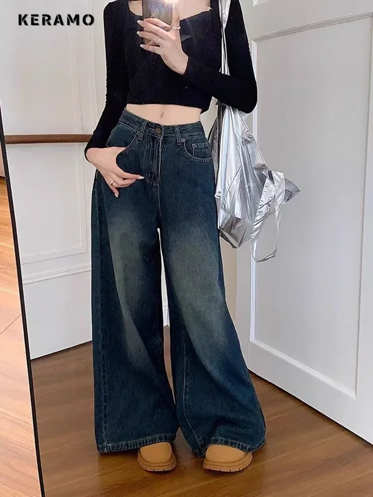 American Vintage High Waist Washed Emo Jeans Women's Wide Leg Casual 2000s Pants Baggy Y2K Grunge High Street Denim Trouser