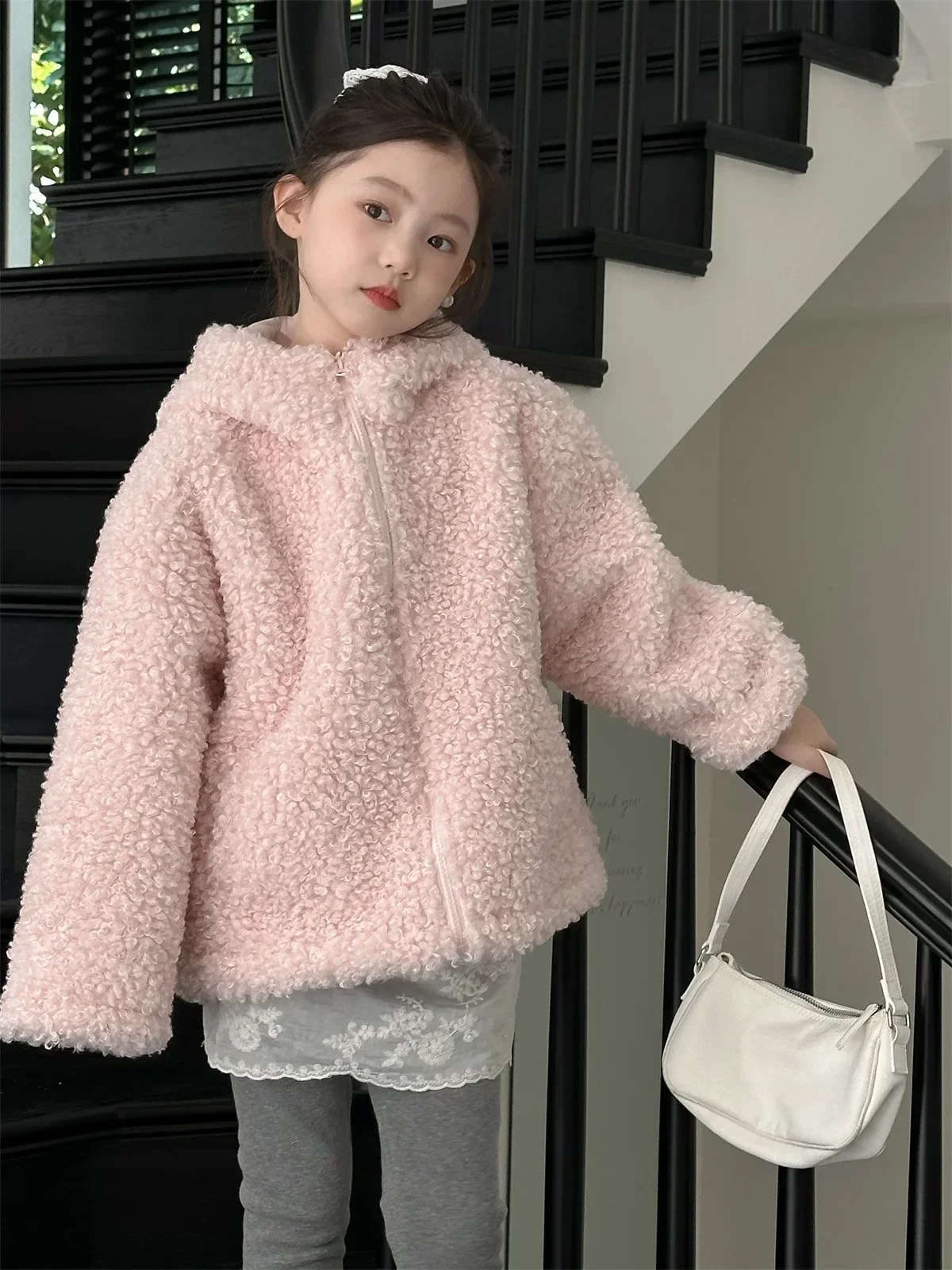 Children's Rabbit Ear Top Cute Girls' Thick CoatGirls' Wool Sweater Winter 2024 New Item Medium and Large