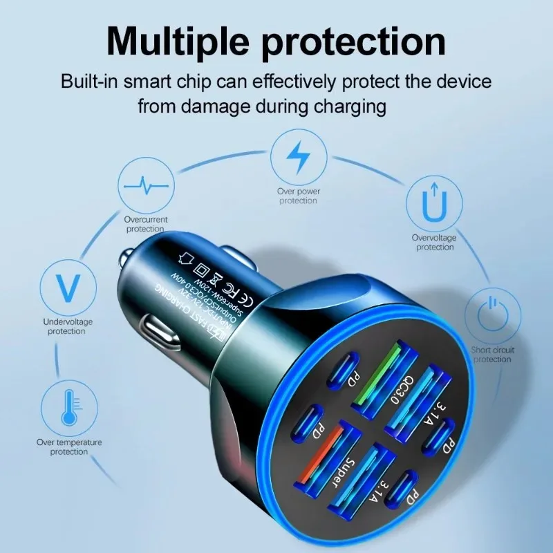 66 واط PD شاحن سيارة 8 منافذ شحن سريع PD QC 3.0 USB C سيارة شاحن سريع نوع-C محول في السيارة آيفون سامسونج شاومي