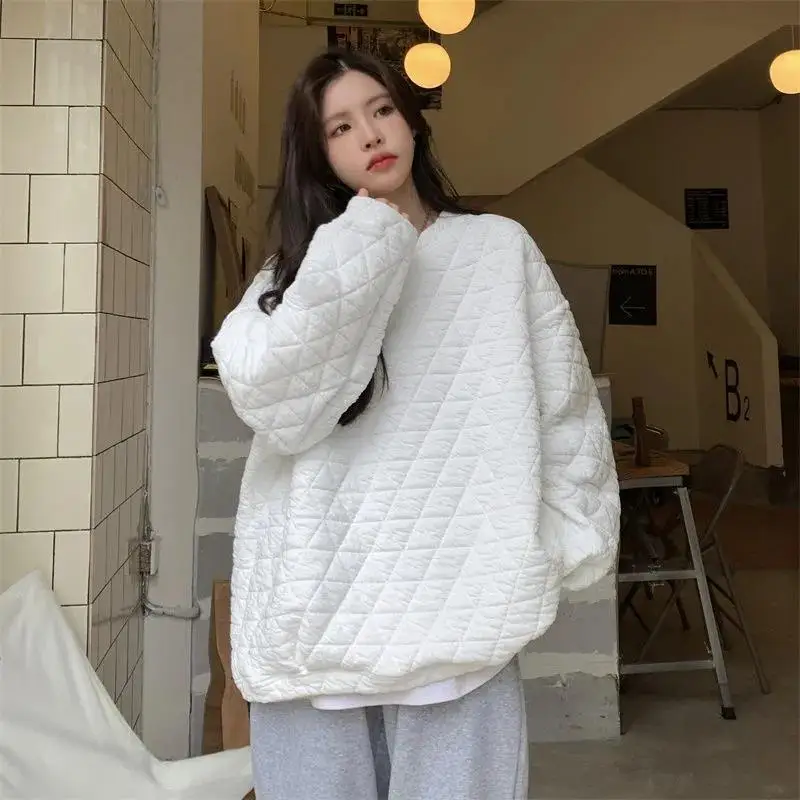 High-End Cotton Hoody Sweatshirt Loose Women's Diamond Patterned Pullover Korean Style Autumn Winter Fashion Outerwear