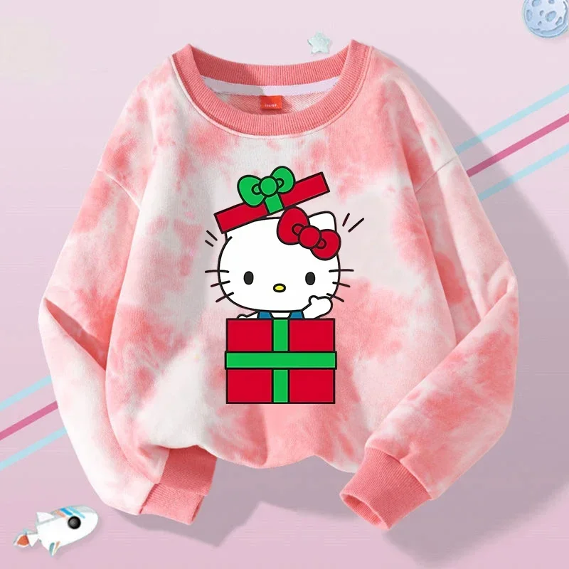 Sanrio HelloKitty Children's Hoodie Sweatshirt Cartoon Round Neck Hoodie Girl Casual Sports Top Tie Dye Long Sleeved T-shirt