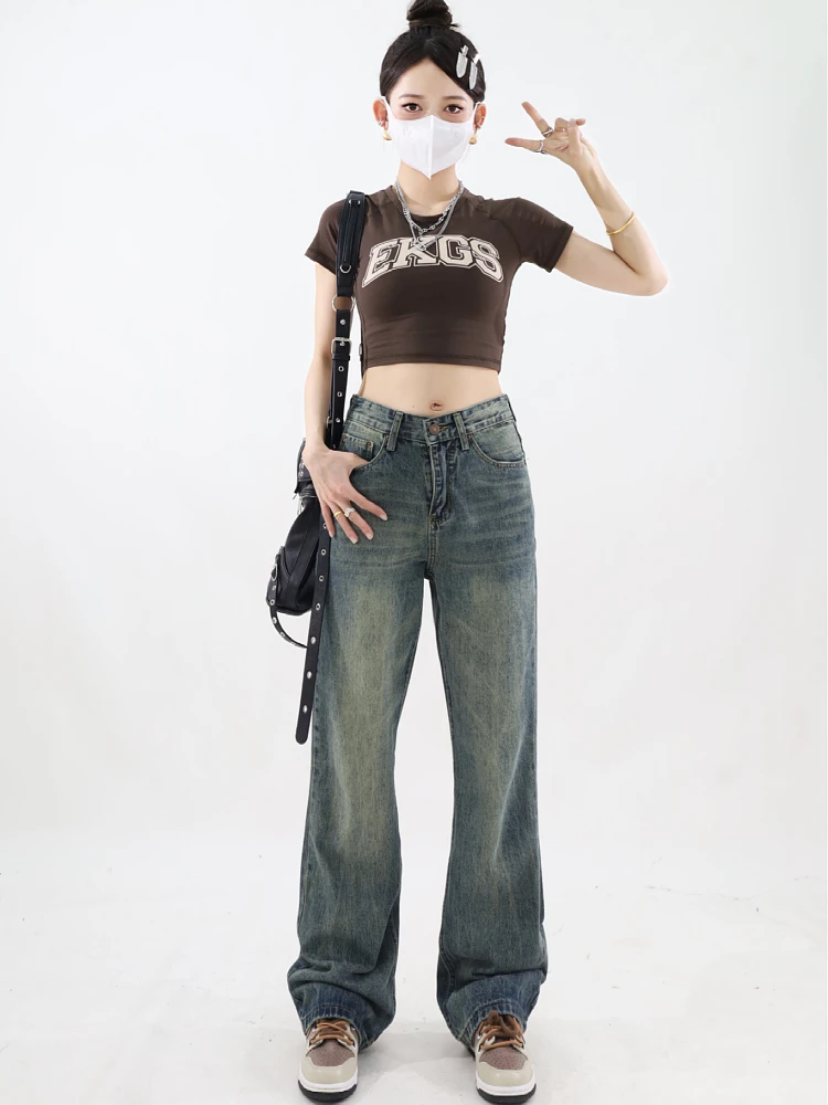 Imagem -02 - Baggy Jeans Azul Feminino Calças Jeans Retas Calças Largas Roupas Vintage Estética dos Anos 90 Streetwear Vintage Anos 2000 Y2k