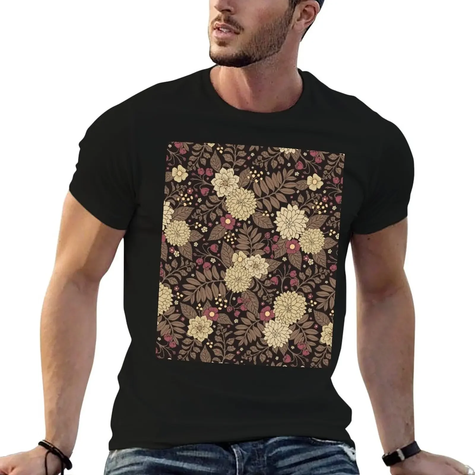 Pretty Brown, Taupe, & Mauve Floral Pattern With Ferns T-Shirt plus size tops new edition men tshirt