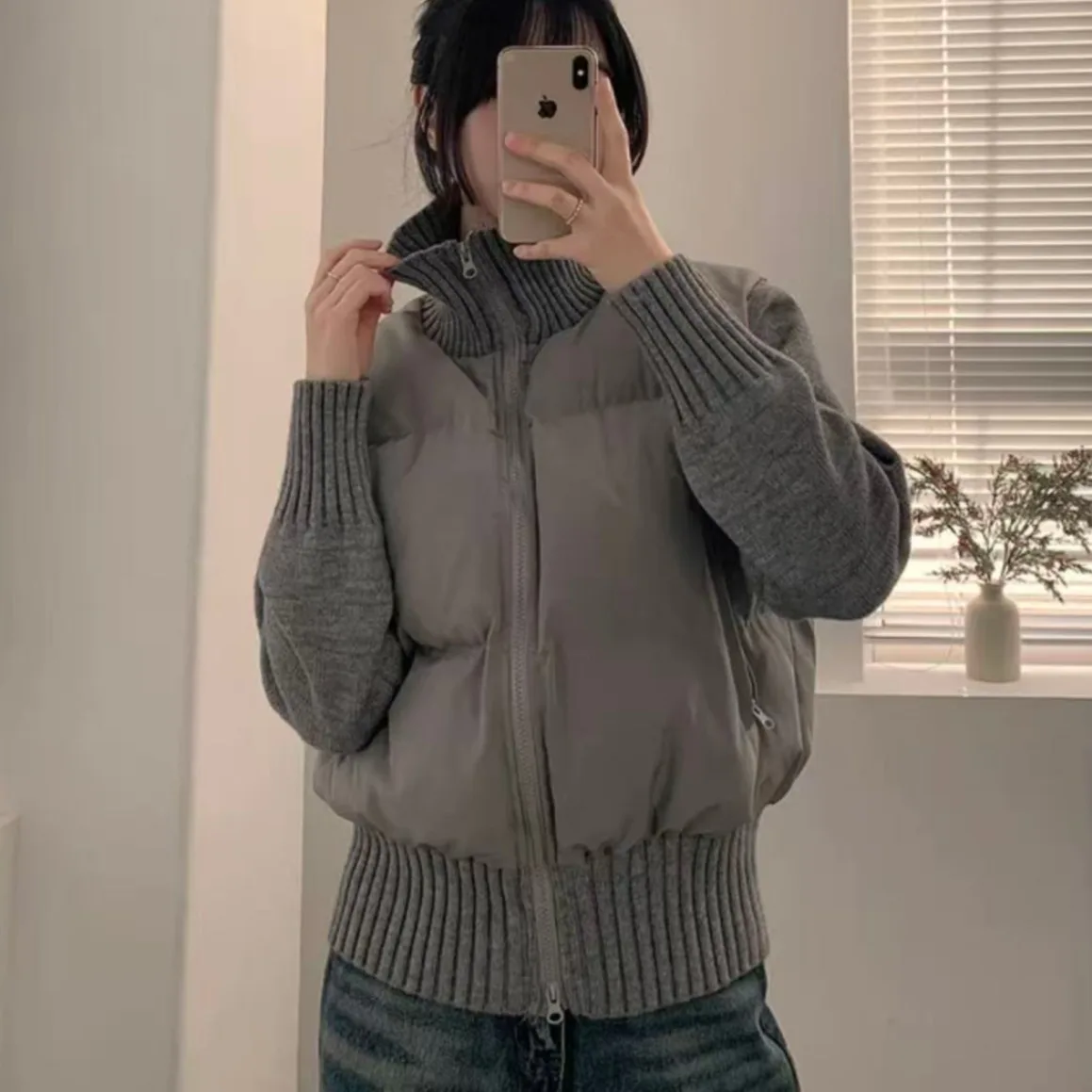 

Women's Chic Lightweight Knitted Long Sve Cotton Jaet Autumn Winter Faionable Splicing Design Commute Sle Regular Le...