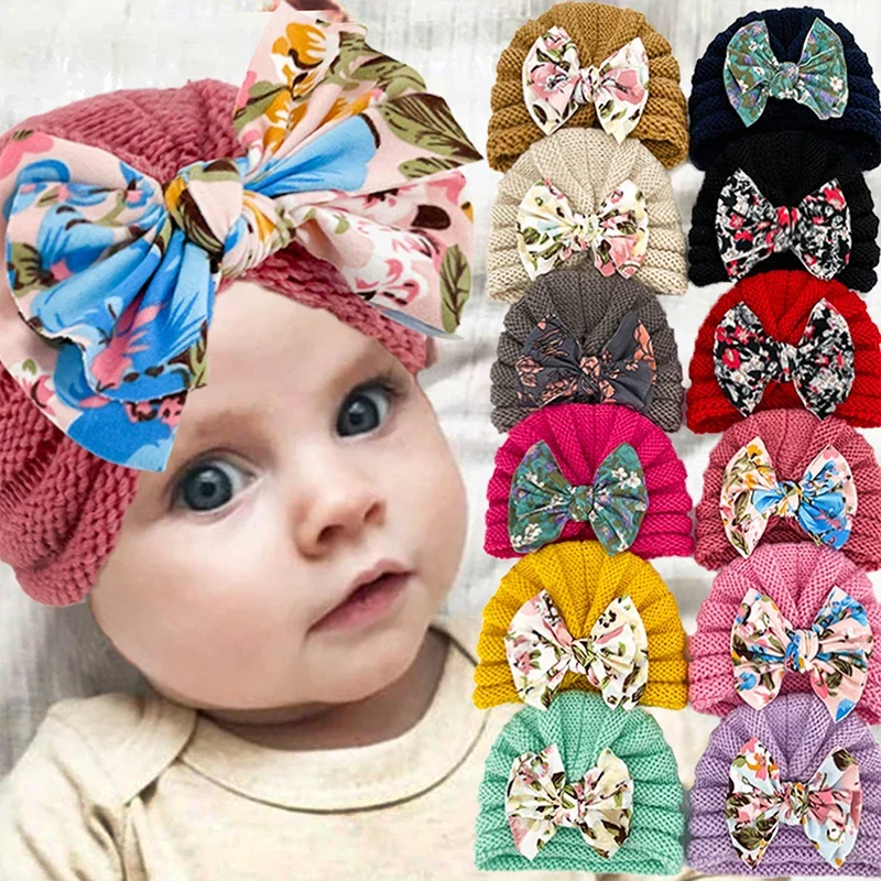 Gorro turbante tejido para bebé de invierno, gorro indio grueso y cálido para bebé, pañuelo de lana para recién nacido, pañuelo para la cabeza con lazo estampado, gorros para niños