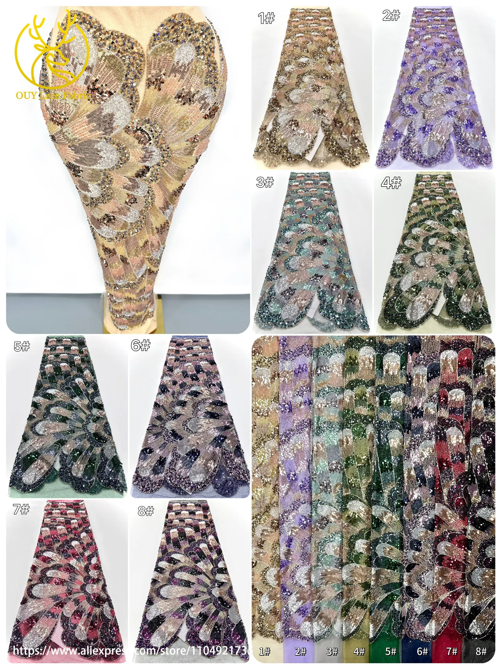 Gold Luxury African Handmade Heavy Beaded Lace 2025 Latest French Nigerian Sequin Lace Fabric Bridal Party Dress Sewn 5 Yards