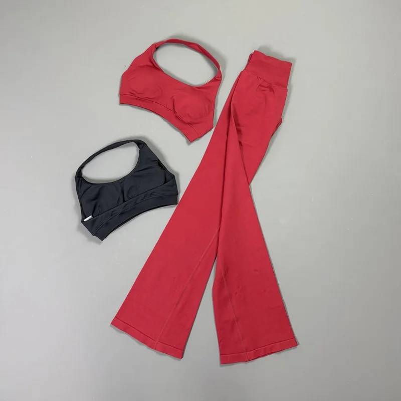 2-teiliges HISTELLO Damen Nahtloses Sportset Neckholder-Sport-BH Schlaghosen mit Hüftlift-Effekt Hochgeschnittene Yoga-Fitness-Trainingsanzüge – Detail 7