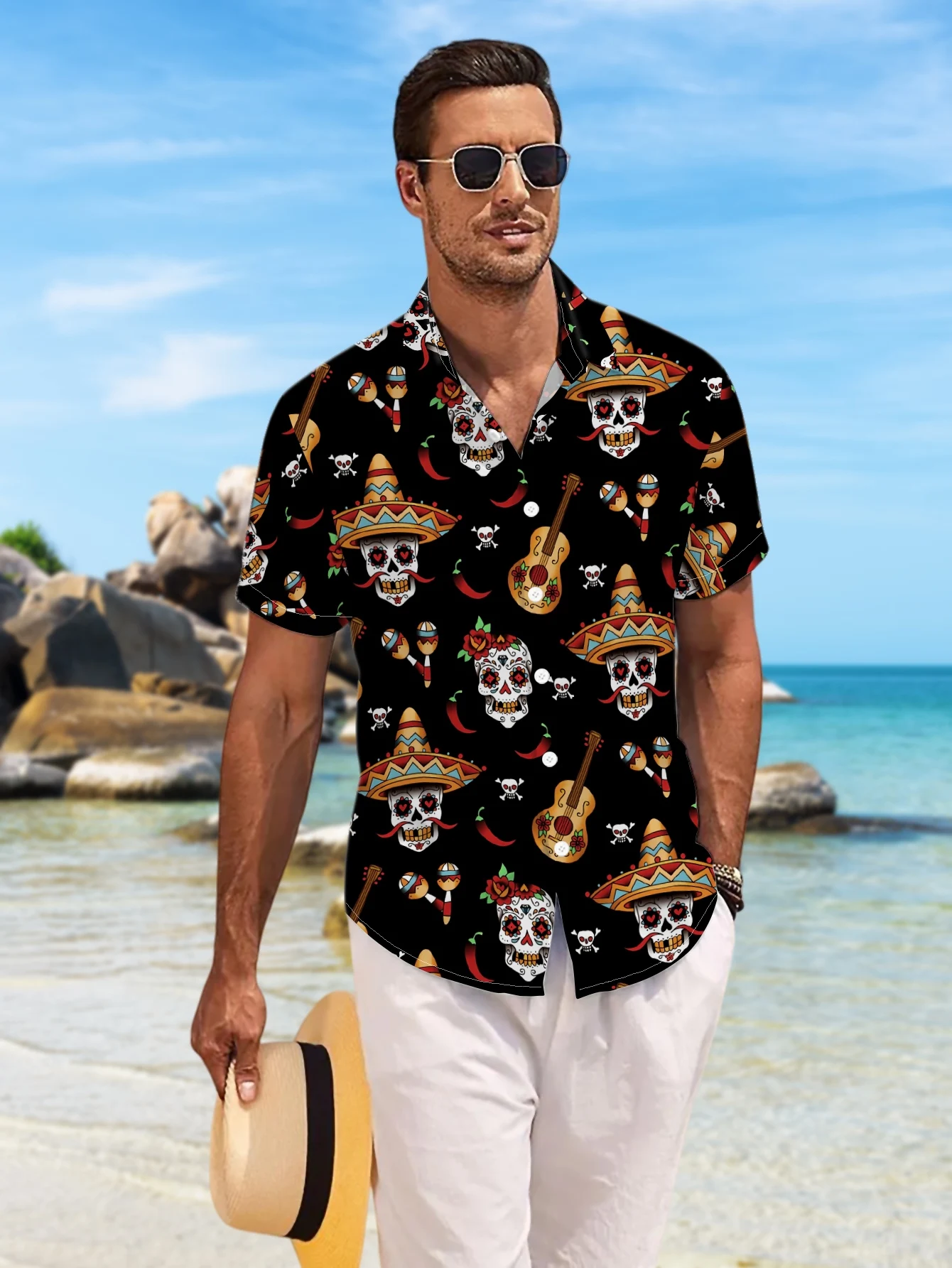 Mexican Sombrero Sugar Skull Musical Instrument Pattern Unisex Short Sleeve Blouse Camp Collar Loose Vacation Shirt