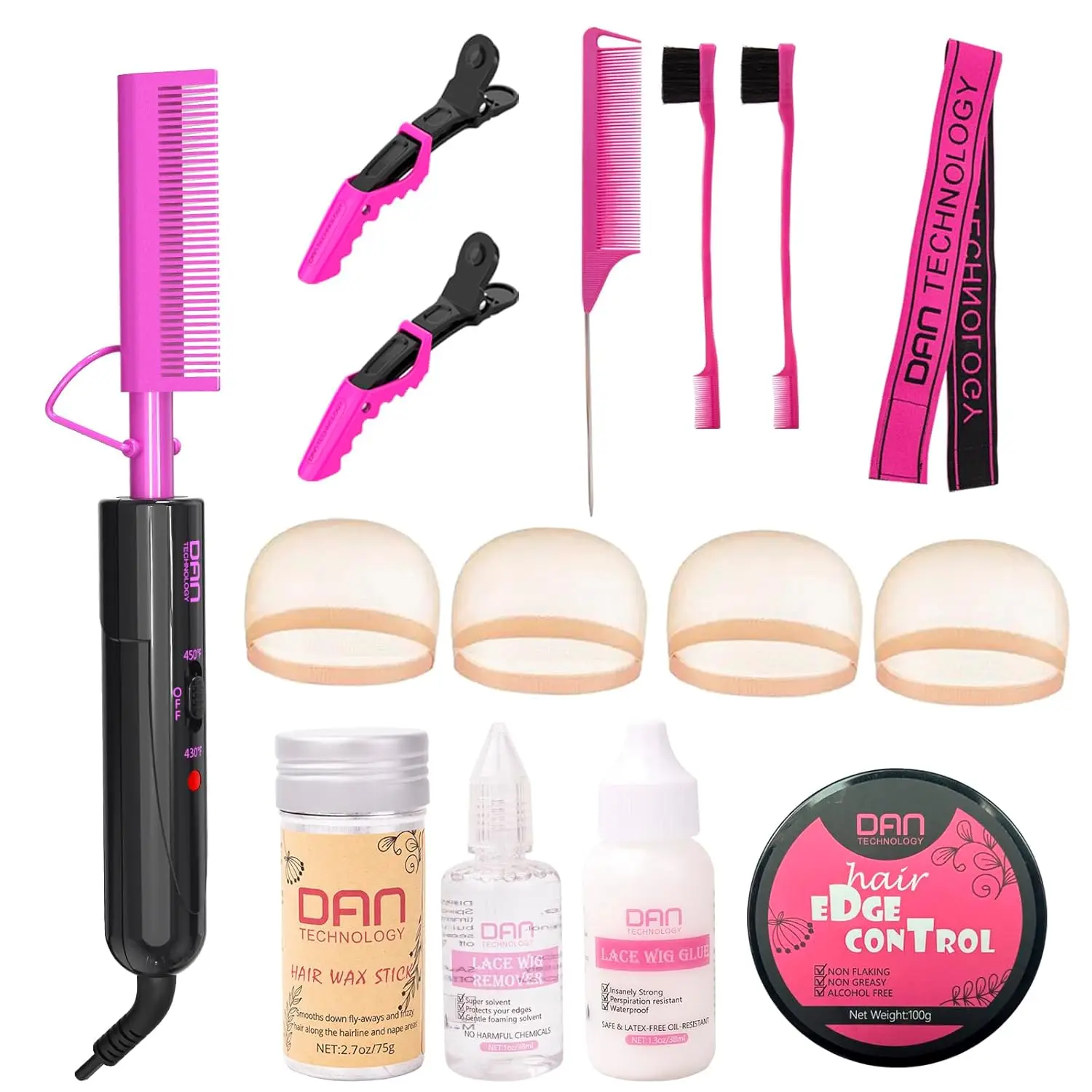 

Hot Comb Set with Edge Control Gel, Wig Glue, Lace Melting Band, Styling Clips for Wigs & Natural Hair