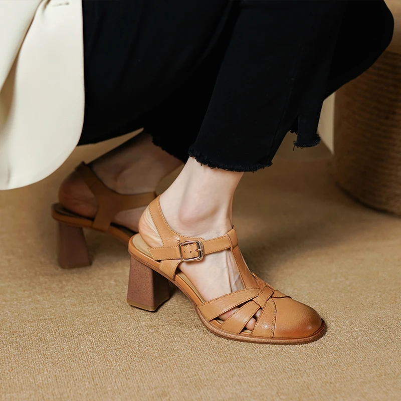 2022 New Arrive Genuine Leather Sandals Women Rome Square High Heels Shoes Simple Summer Ladies Solid Dress Shoes Heels Women