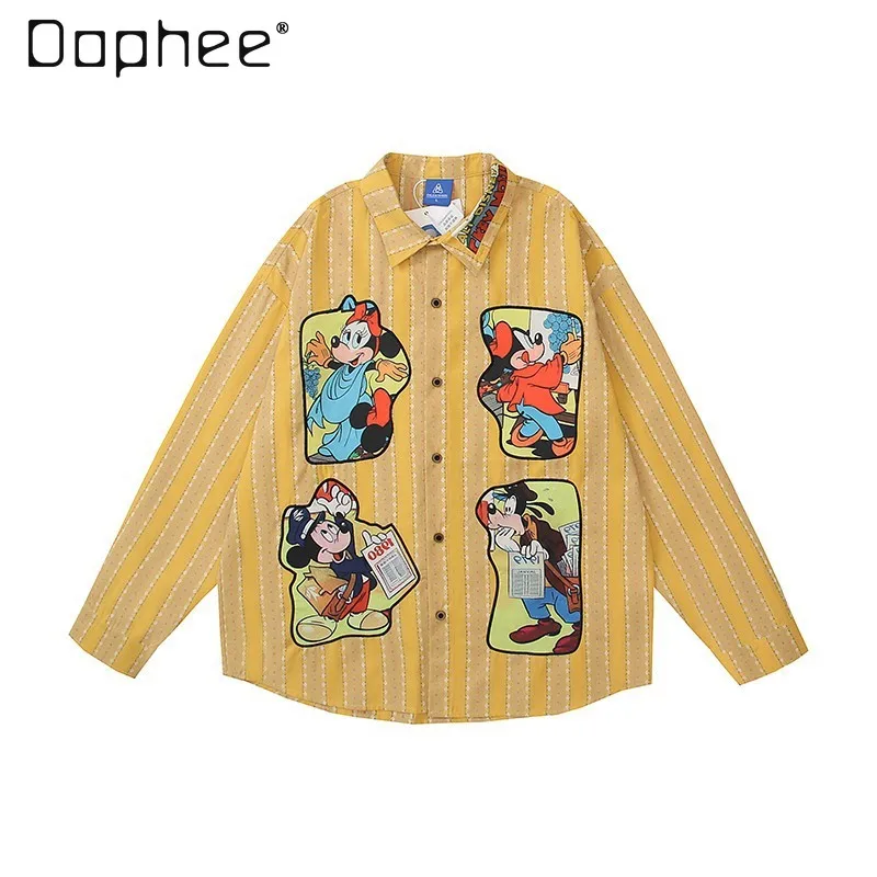 2024 autunno nuovo prodotto Retro Cartoon Pattern camicia a righe a maniche lunghe donna e uomo bavero monopetto top sottili