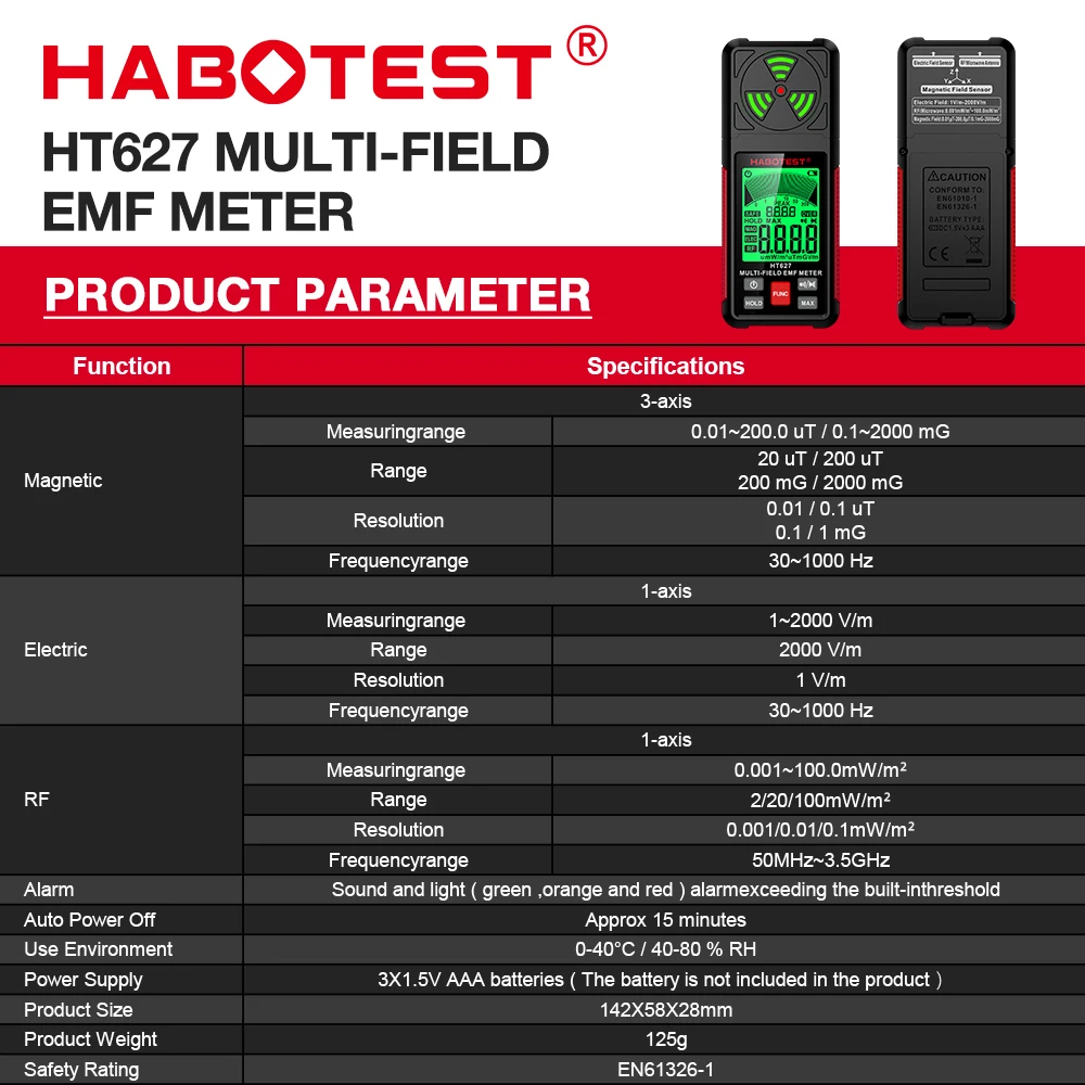 HABOTEST HT627 Electromagnetic Radiation Tester Electric Field Magnetic Field RF Radiation EMF Meter Radio Frequency Detector