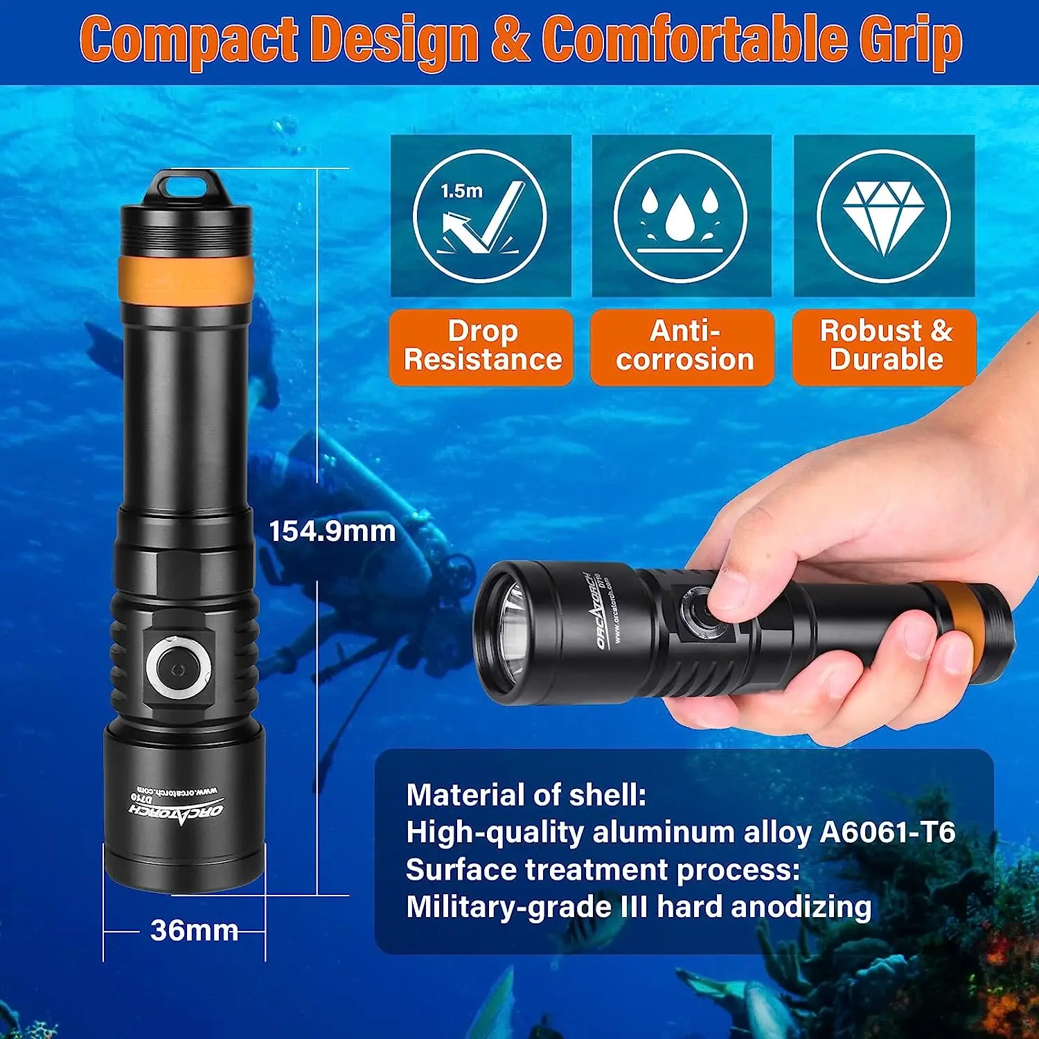 ORCATORCH D710 Plongée sous-marine lumière Lampes de poche LED haute puissance Lampe de poche de plongée professionnelle Lampe torche Rechargeable Self Defense 3000 Lumens Super lumineuse lampe de poche sous-marine