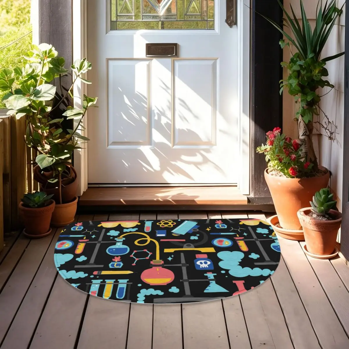 Chemistry Lab Science Equipment Pattern Flannel Half Round Doormat Non Slip Bathroom Mat Absorbent Floor Carpet for Bathroom