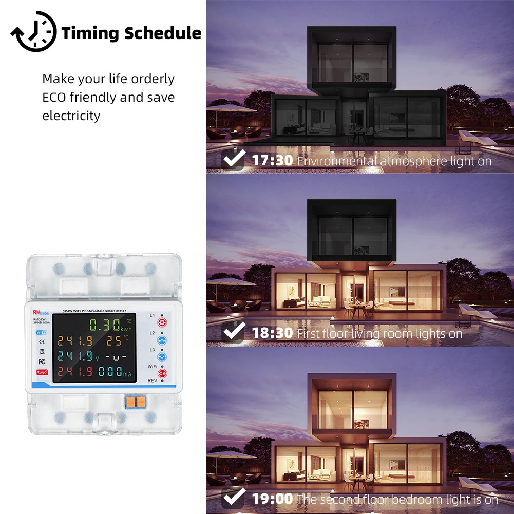 Tuya WiFi 3P4W Smart Energy Meter Circuit Breaker Automatic Reclosure Protector LCD Display Voltage Current Power kWh Meter