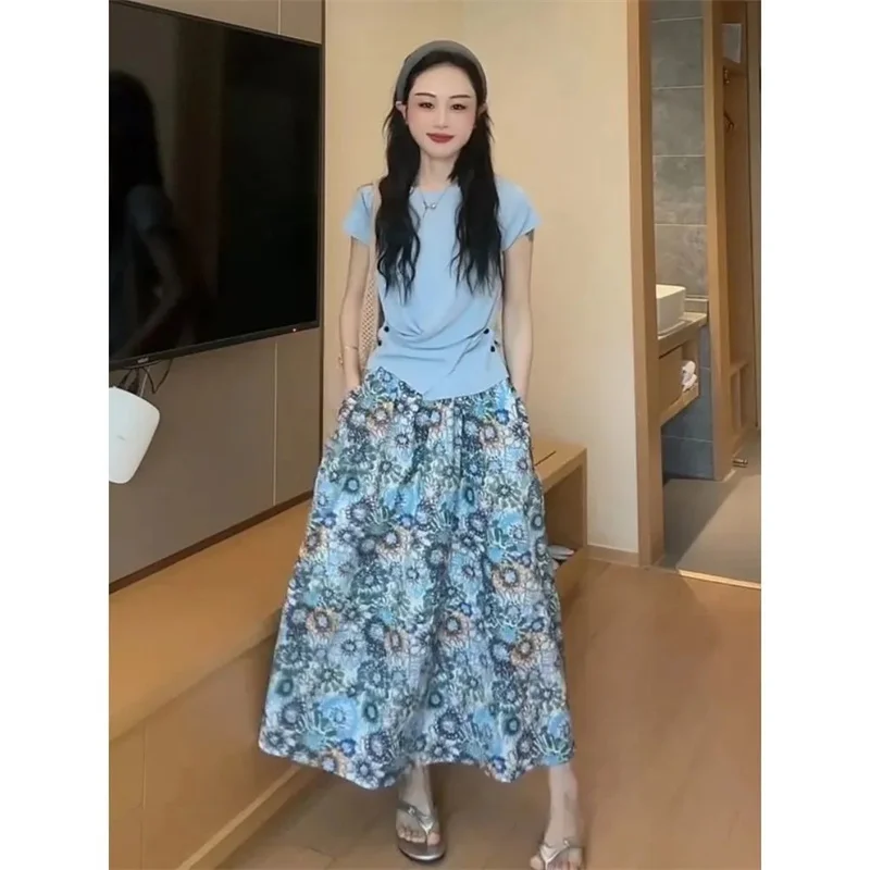 Sense Of Design Women Round Neck Skirt Outfit Korean Ladies Floral Print Long Skirts Summer Femme Tops Maxi Skirt Two-piece Suit