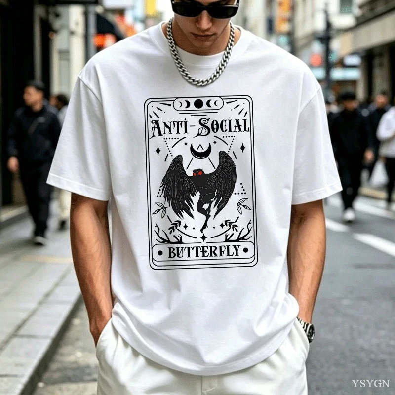 Mothman Tarot Card Butterfly T-shirt Man Vintage Cotton Short Sleeve T Shirt Streetwear Casual Round Neck Printed Tshirts Tops