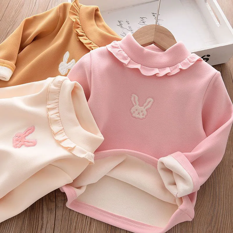 2026 New Girls Bunny Embroidery Fleece Shirt Autumn Winter Warm Long Sleeve Top Lace Trim Fashion Korean Style Kids Clothes