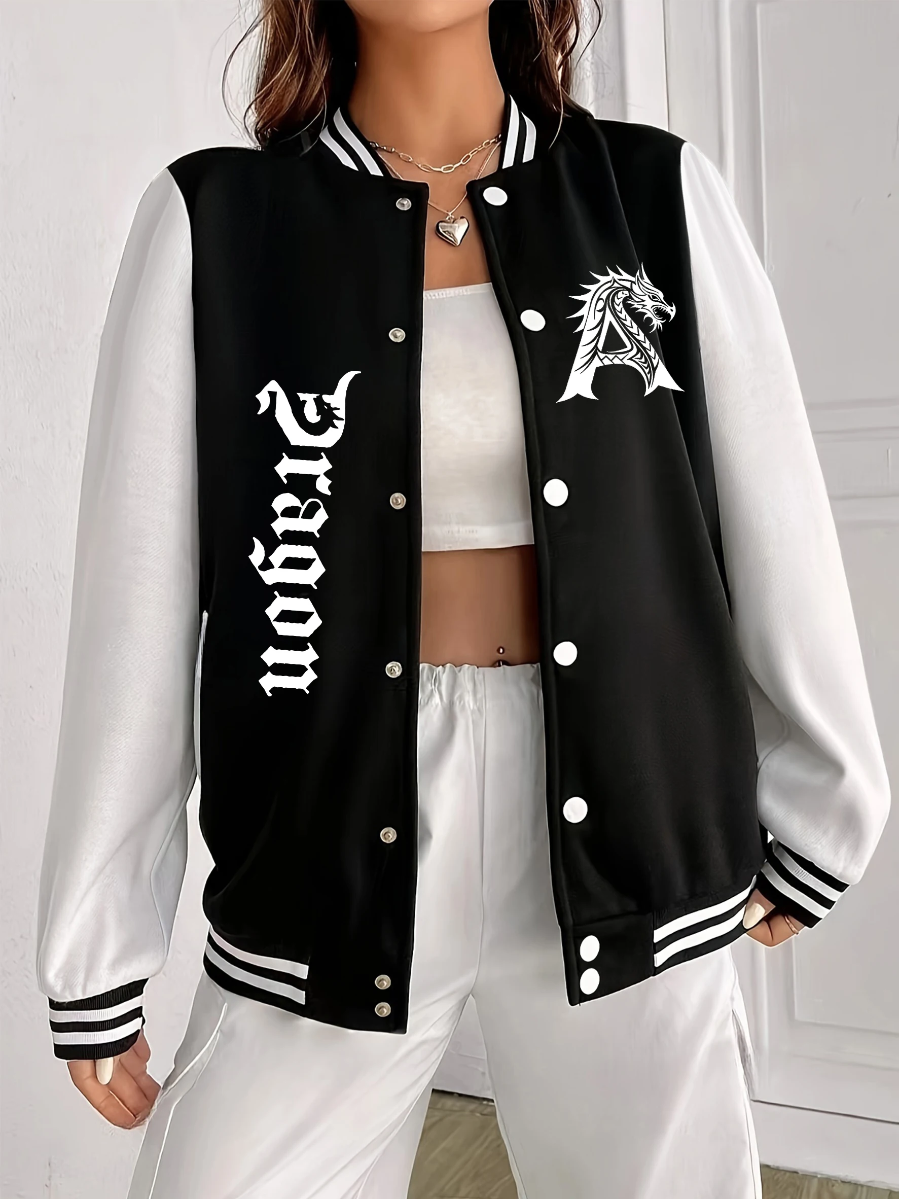 

Бейсбольная форма с загадочным драконом и буквенным принтом, женская повседневная флисовая уличная одежда, осенняя куртка Y2K, свободное американское пальто
