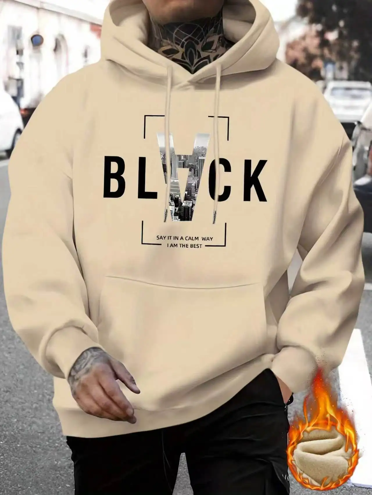 Man's Kangaroo Pocket with Modern Minimalist Print Design, Micro Elastic Fabric, Sports Shirt with Casual and Comfortable Hoodie