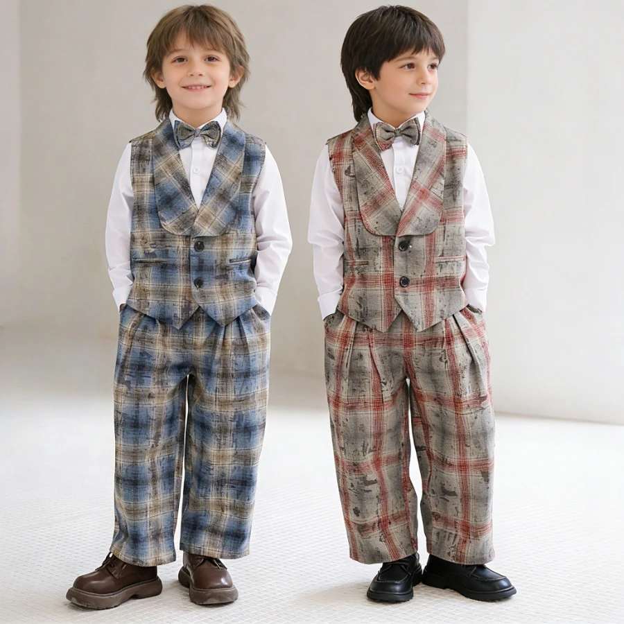 

School Boys Plaid Formal Suit Kids Waistcoat Pants Bow Tie Set Children Gentleman Outfit for Wedding/Performance/Daily 4-12 Year