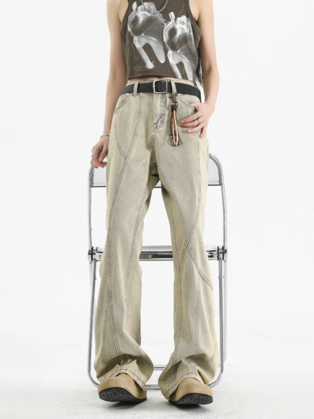 

Washed Distressed Men's Workwear Jeans High Street Style Spring Autumn Wide Leg Loose Fit Bootcut Long Trousers