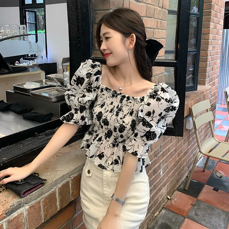 French Square Collar Floral Printed Shirt Elasticity Waist Women Tops Puff Short Sleeve Casual Ruffles Summer Blouse