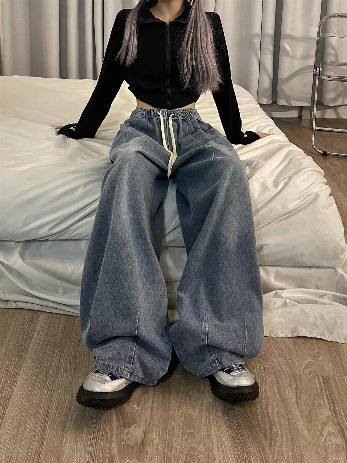 الرجعية الأمريكية الدنيم الجينز الرجال فضفاض الطابق طول سليم واسعة الساق السراويل الطويلة غير رسمية الخريف الشتاء حجم كبير 300 Pou