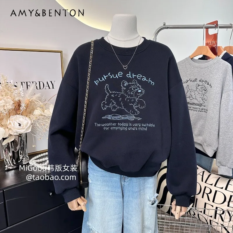 2025 شتاء جديد الكورية نمط سترة موضة الكرتون الكلب التطريز فضفاض سميكة بلوزة من الصوف السيدات البنطال القصير هوديس