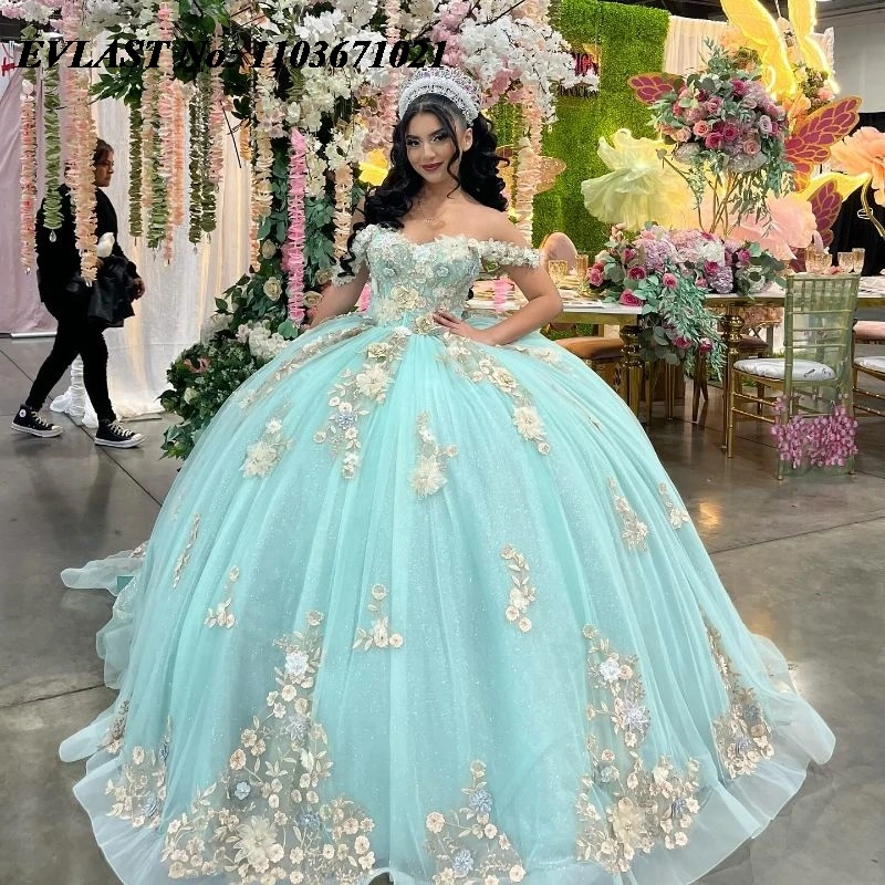 

EVLAST Sparkly Aqua Blue Quinceanera Dress Ball Gown 3D Floral Applique Beading Corset Sweet 16 Vestidos De XV 15 Anos SQ167