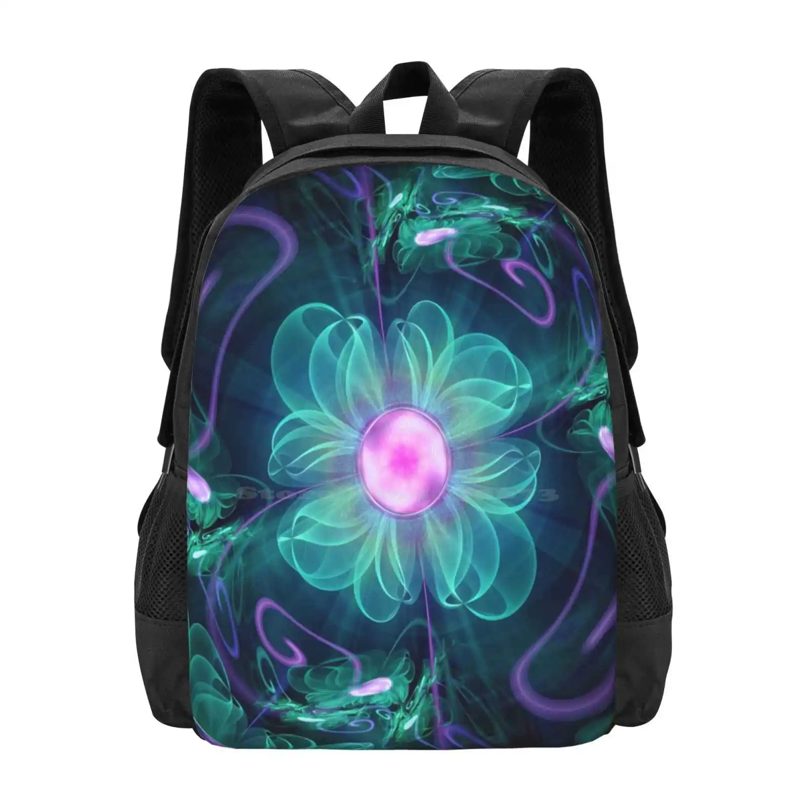 The Enigma Bloom , An Aqua-Violet Fractal Flower Fashion Pattern Design Travel Laptop School Backpack Bag Beautiful Hypnotic