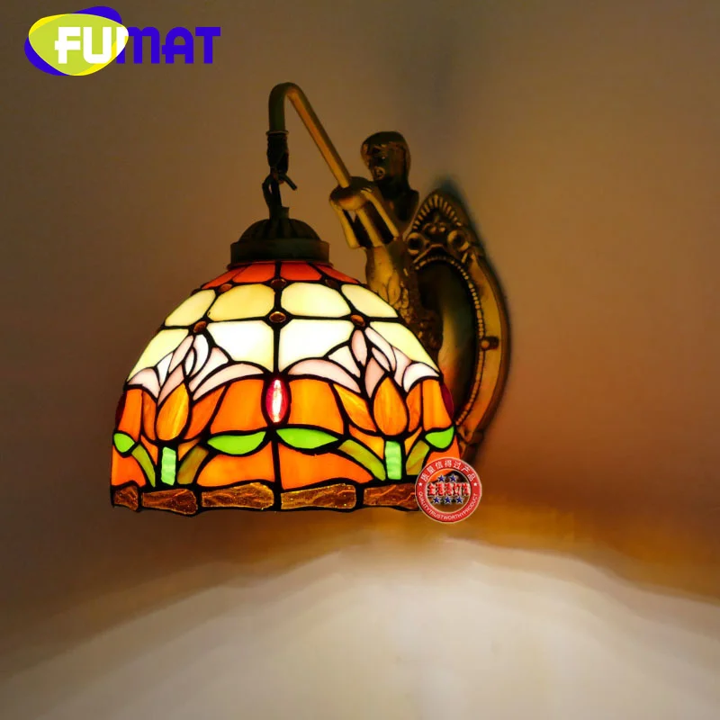 FUMAT Tiffany style stained glass retro tulip wall lamp for bedroom bedside lamp living room balcony aisle night light LED decor