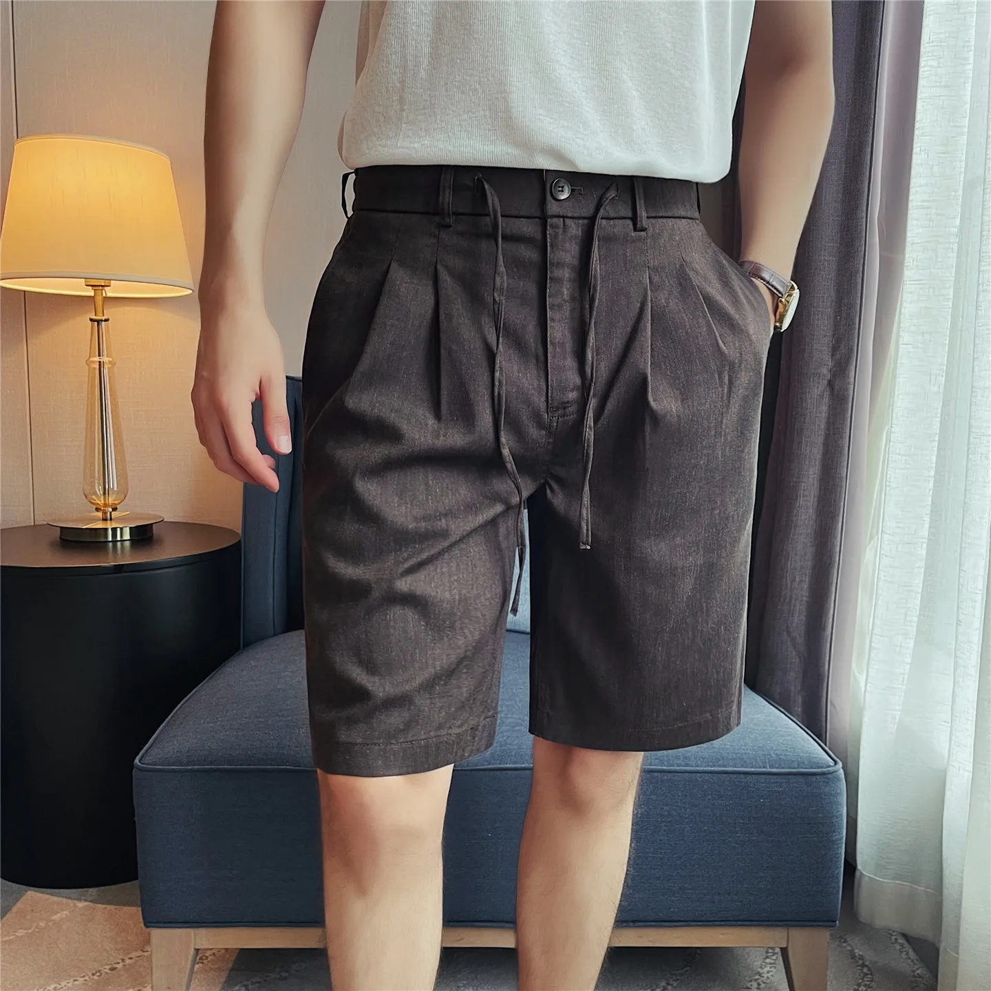 Men's Premium Lyocell-Linen Blend Shorts – Wrinkle-Resistant Elastic Waist Relaxed Fit Casual 5-Inch Shorts for Summer