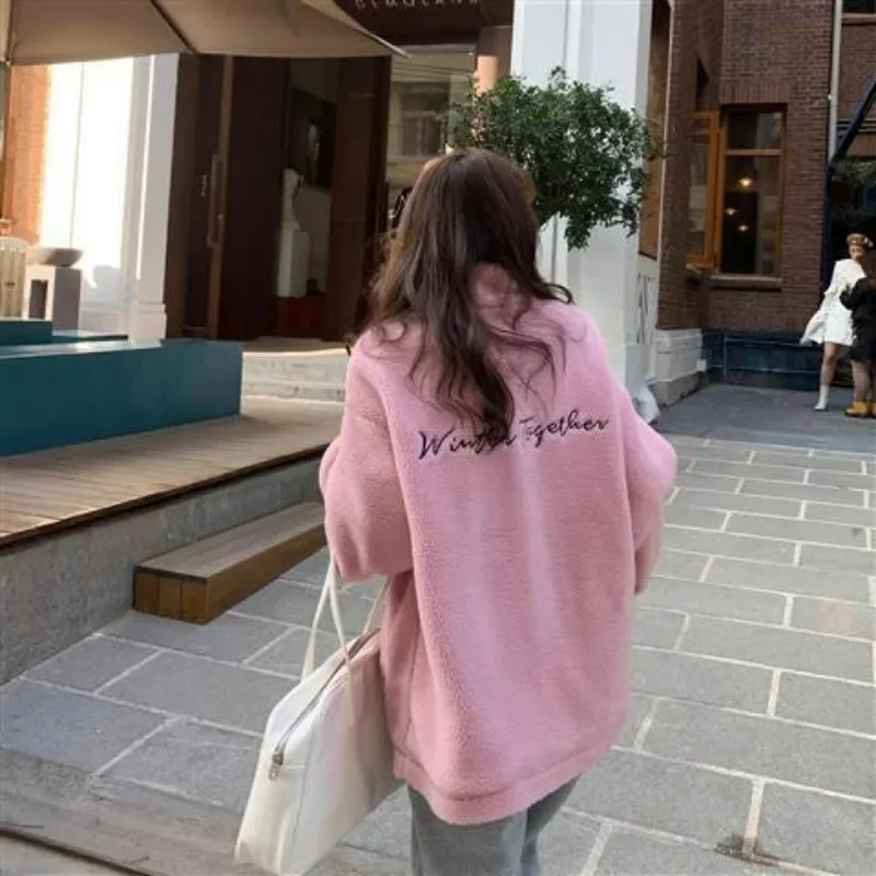 Women Cute Embroidered Cartoon Bear Sweatshirts Solid Colors Stand Collar Furry Cardigans Outwears Lantern Sleeve Sweatshirts