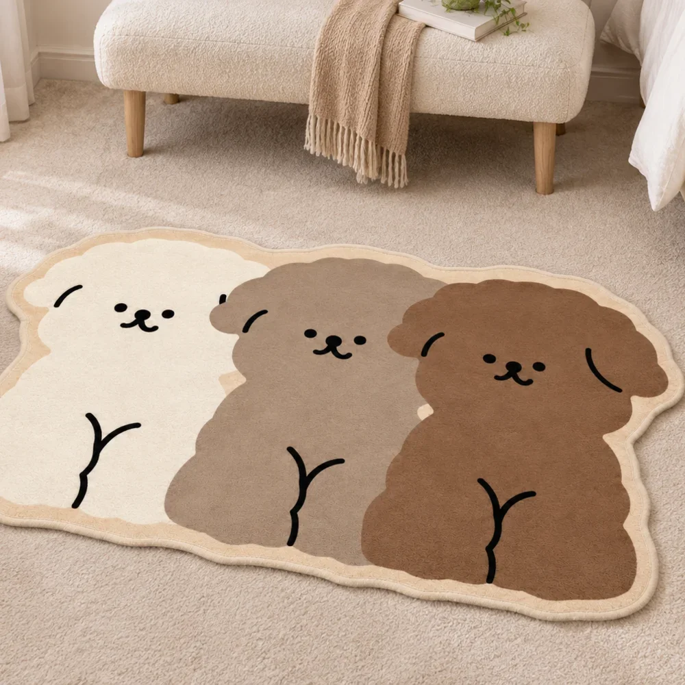 Cute Three Poodle Dogs Area Rug, Black White Brown Puppy Portrait Floor Mat For Bedroom, Living Room, Pet Room Decor And Gifts