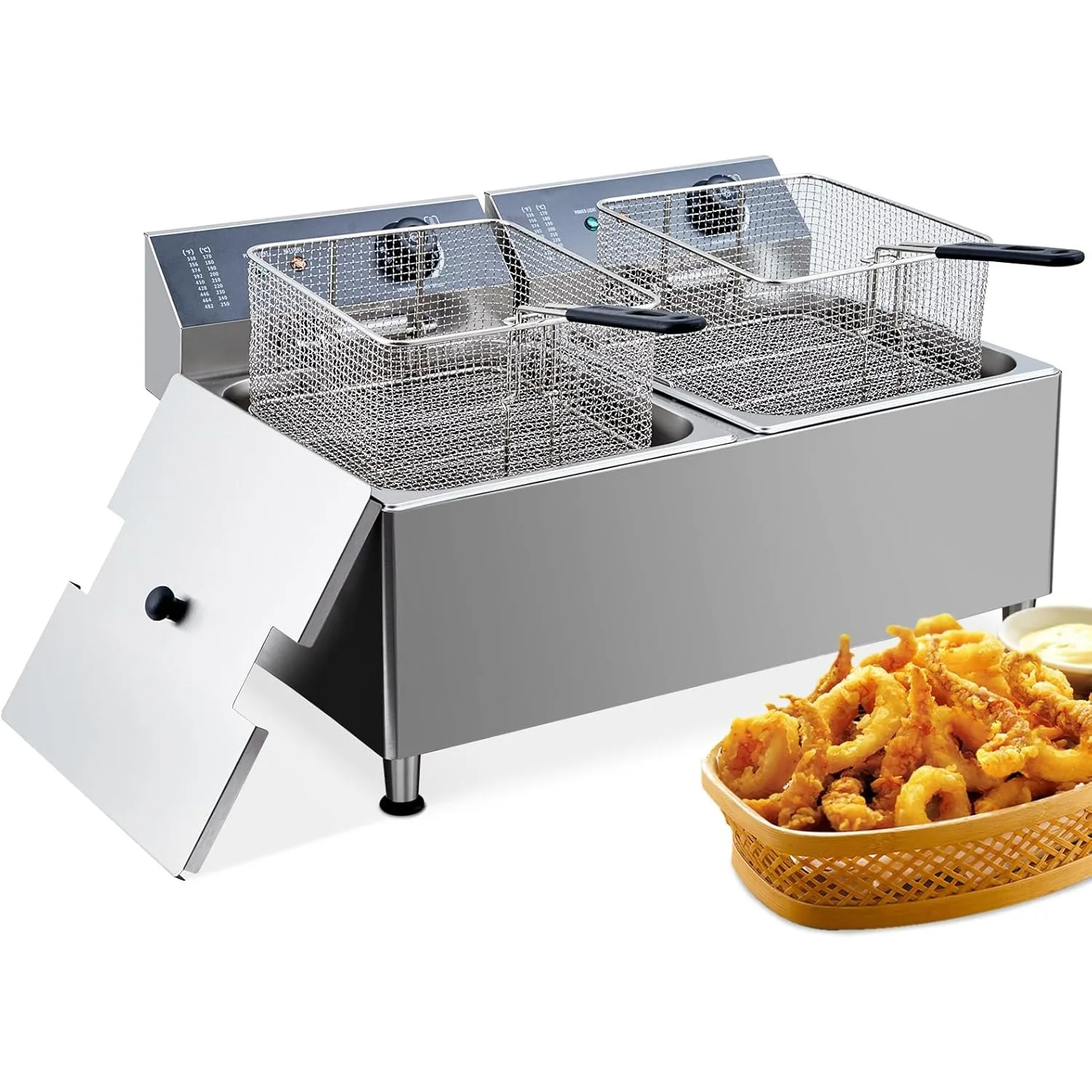 

22L Commercial Deep Fryer, Large Dual Tank for Restaurant with 2 Thick Frying Baskets and Lids, Stainless Steel