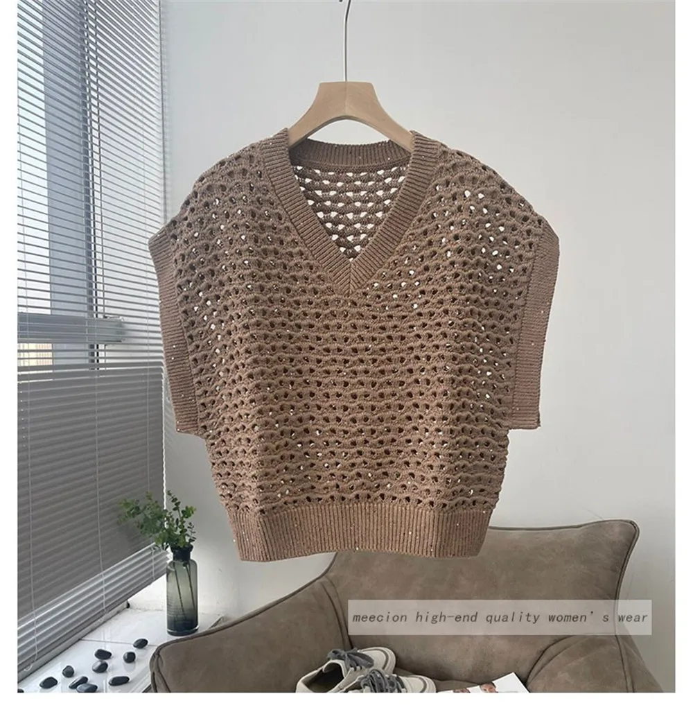 Women's Sequin Hollow Sleeveless Kangshi Tops Knitted Pullover Sweaters B*C Summer Woman Clothing