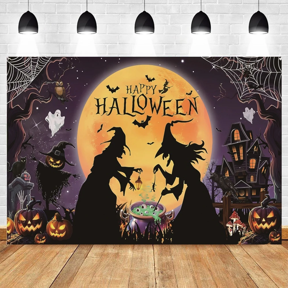 Happy Halloween Backdrop Horror Moon Pumpkin Witch Bat Castle A Little Boo is Almost Due Baby Photography Background Party Decor