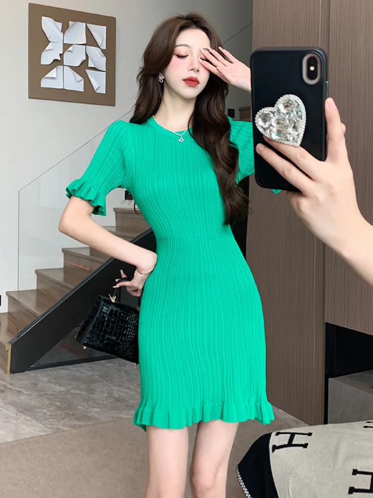 Women Summer O-Neck Knitting Dress Casual Vestidos Elegant Simple Office Party Dress Ladies Short Sleeve Sheath Pleated Dresses