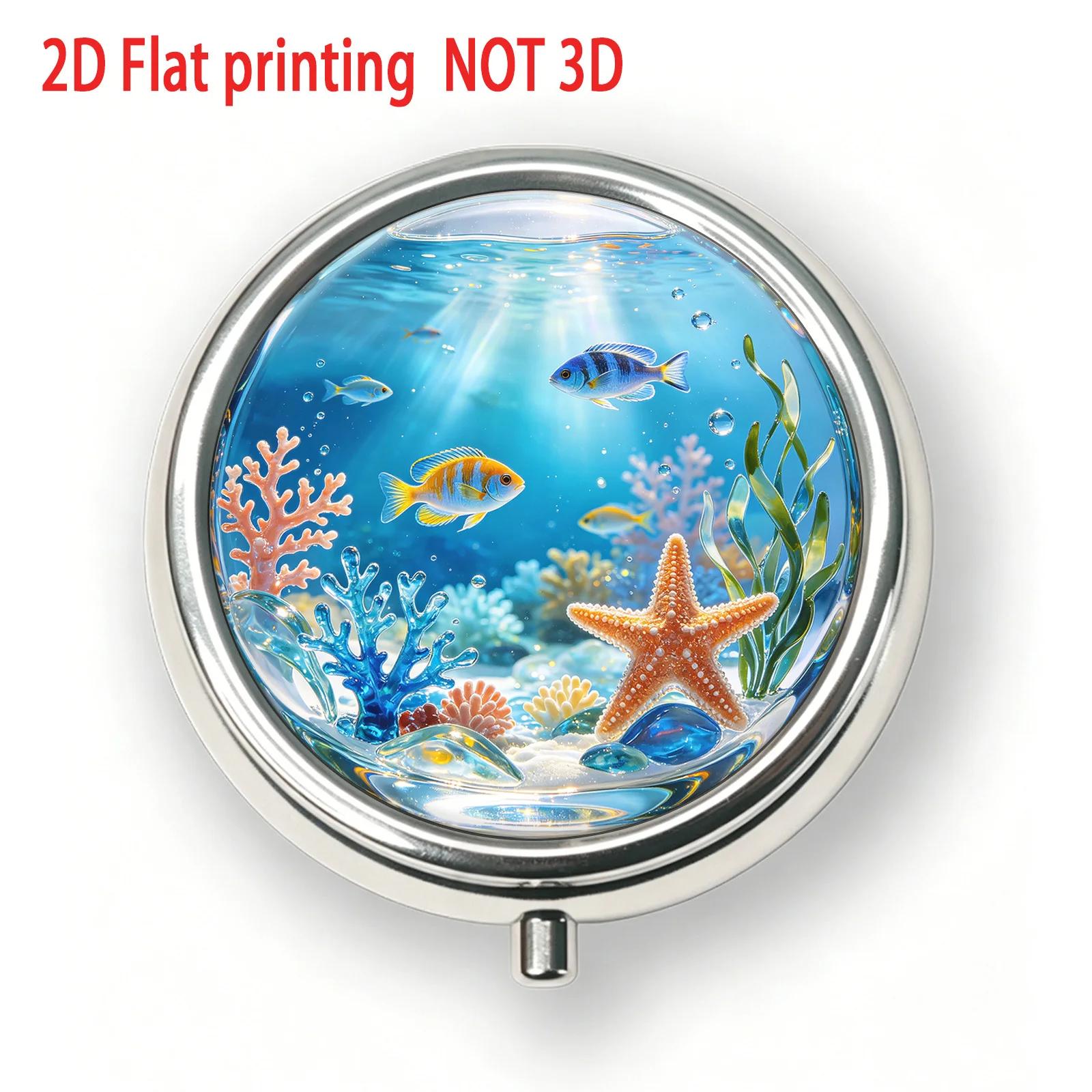 Single-piece, flat, round three-compartment box, designed with a tropical fish circular pattern, a vitamin storage box, elegant and generous with ample capacity, practical for use, made of durable metal and plastic materials