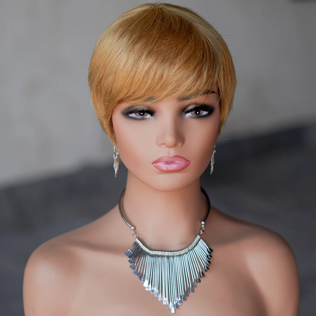 Pixie Cut Human Hair Wig Short Straight Golden Blonde Layered Full Machine Made Wig 100% Remy Human Hair for Black Women Natural